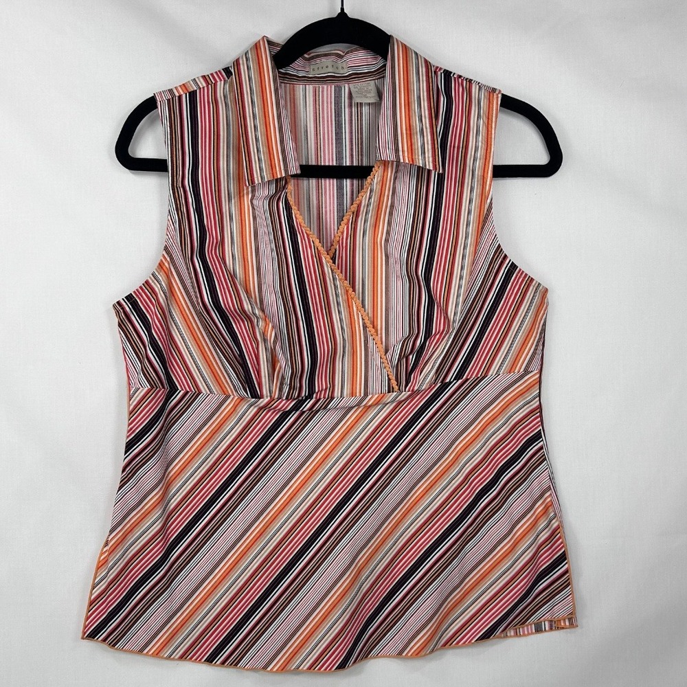 Vintage Stretch Multi Stripe Surplice Sleeveless Top Orange Pink Collared Tank M